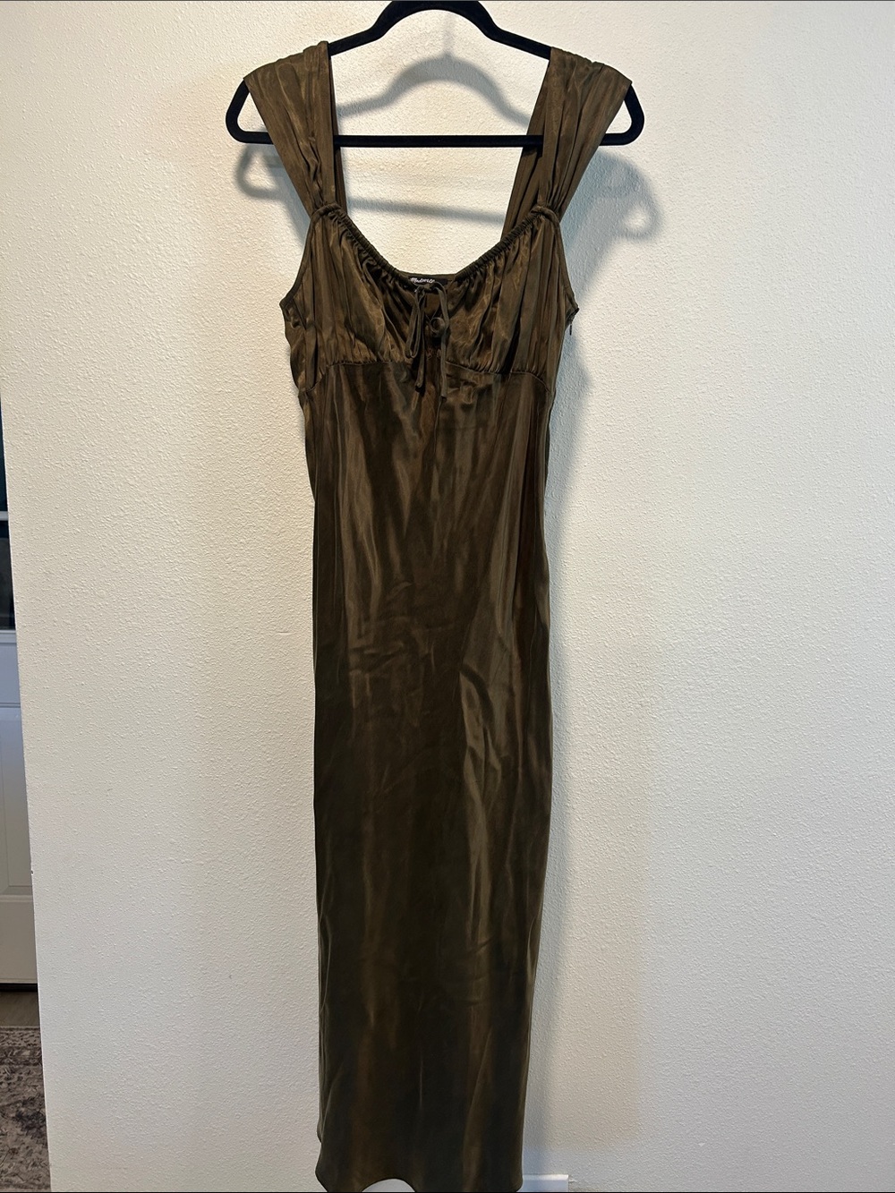 Madewell Olive Tie-Neck Satin Maxi Dress